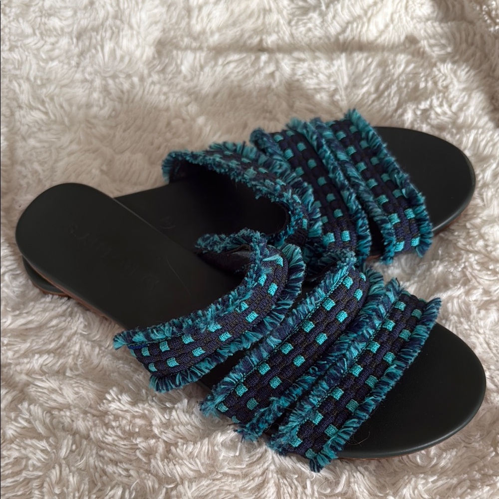 Rothy's Black and Blue Slide Sandals with Woven Straps